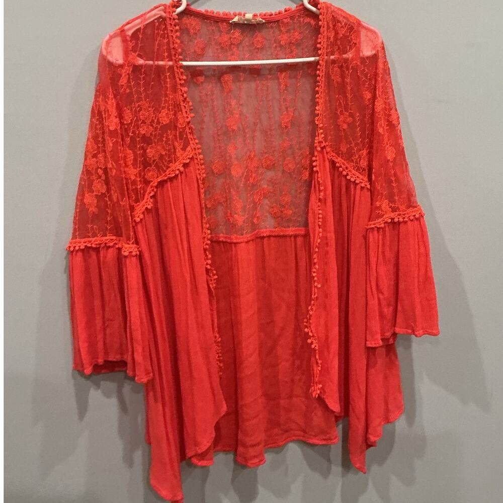 Entro Womens Sheer Lace Kimono M Open Cardigan Coral Pink Boho Beach Coquette